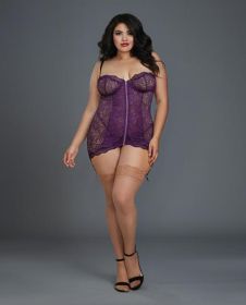Lace Garter Slip Removable Straps, Garters &amp; G-String Plum 3X