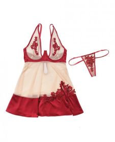 Nylon, Satin Babydoll Underwire Cups &amp; G-String Red Nude Sm