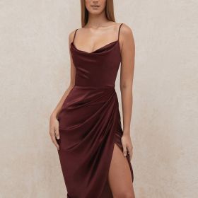 Solid Asymmetrical Sleeveless Cami Dress; Sexy Smooth Split Slim Midi Dress; Women's Clothing (Color: Burgundy, size: M(6))