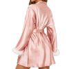 Women's Silky Kimono Robes with Fluff Bridesmaid Bride Satin Bathrobe